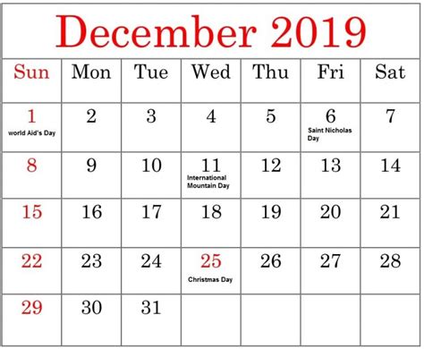 December Holidays 2019 Calendar With Festival Dates Blank Printable