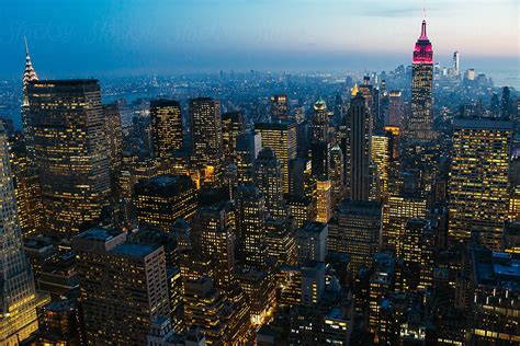 Aerial View Of New York City At Dusk Night With Illuminated