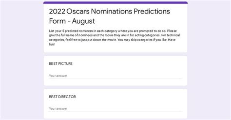 2023 Oscars Nominations Predictions Form - August: Results : r/Oscars