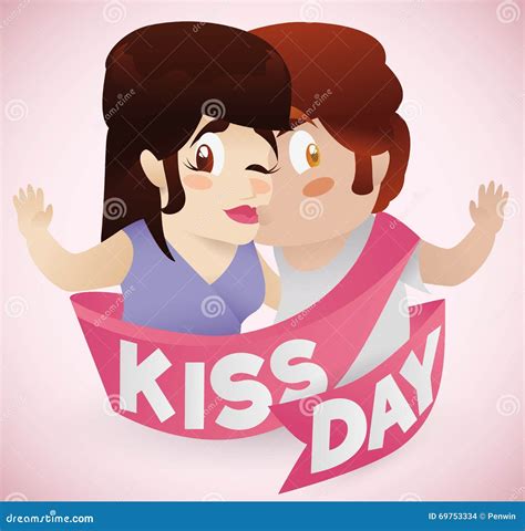Boy Kissing His Girlfriend With Kiss Day Ribbon Vector Illustration