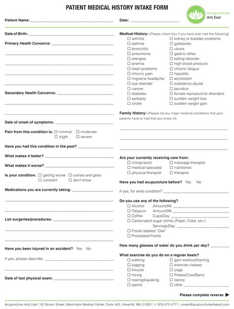 Acupuncture Patient Medical History Intake Form Acupuncture Arts East