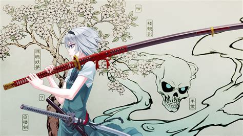 Skulls Video Games Touhou Cherry Blossoms Trees Dress Blue Eyes Katana Samurai