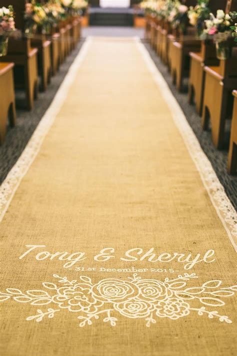 Burlap Aisle Runner With Calligraphy Floral Illustration And Lace