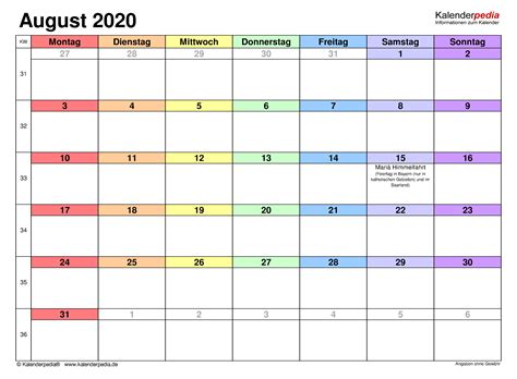 Zum nachschlagen, drucken, als pdf. Kalender August 2020 als Word-Vorlagen