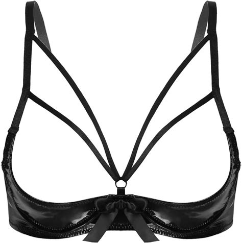 Choomomo Womens Patent Leather Underwired Bra Tops Balconette 1 4 Cups Push Up Shelf Bra