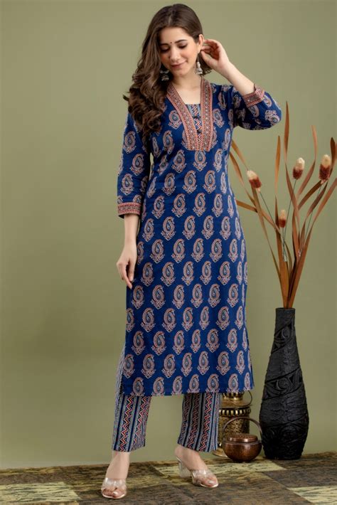 royal blue printed cotton kurta dupatta set