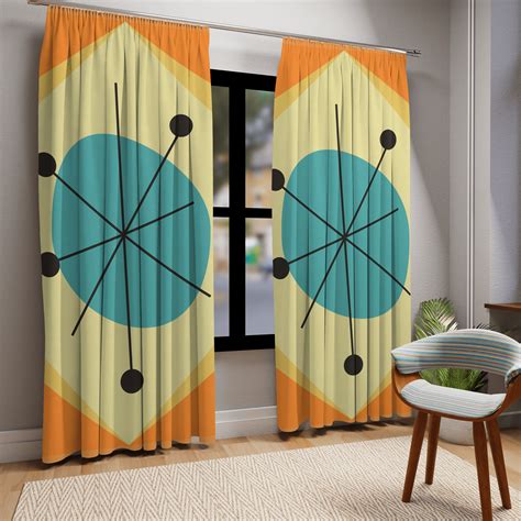 Mid Century Modern Orange And Yellow Teal Abstract Retro Window Curtains