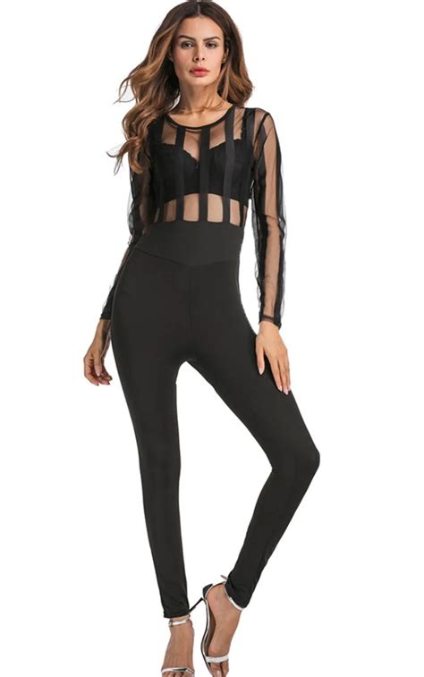 Free Shipping Sexy Long Sleeve Bodycon Jumpsuit Womens O Neckless