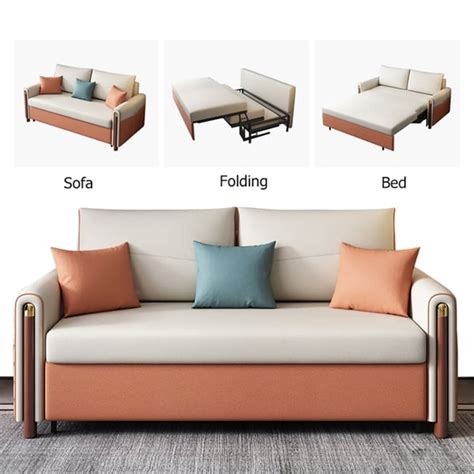 Full Sleeper Sofa Upholstered Convertible Sofa White And Orange Leath