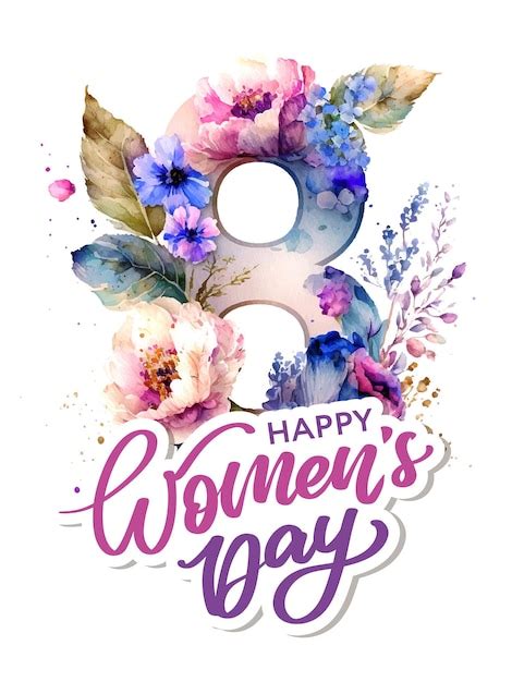 Mars Happy Women S Day Carte De Voeux Aquarelle Fleurs Lettrage Carte