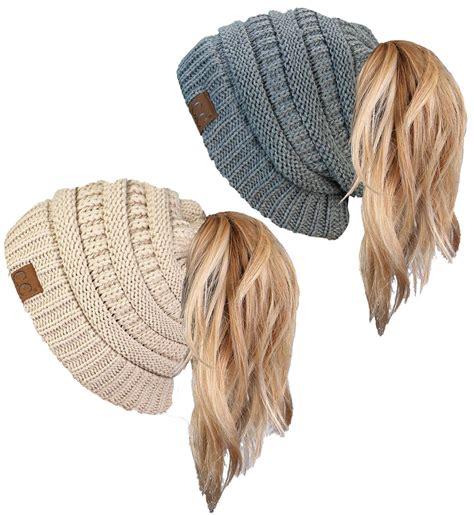 Funky Junque Womens 2 Pack Ponytail Messy Bun Beanietail Beanie Solid