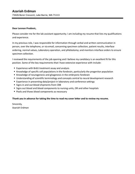 Lab Assistant Cover Letter Velvet Jobs