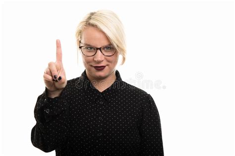 Young Blonde Female Teacher Wearing Glasses Showing Thumb Up Ges Stock
