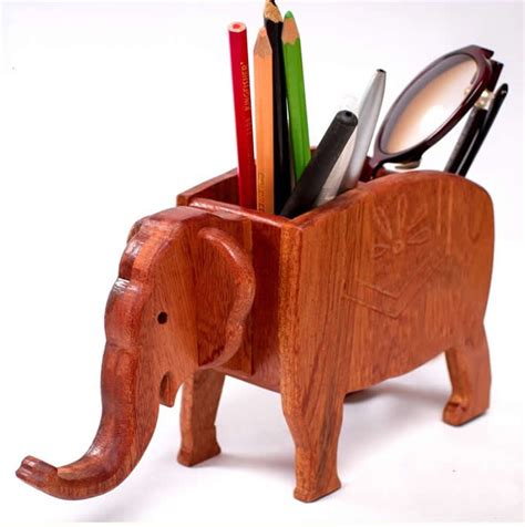 Elephant Shape Wooden Pen Cuppen Holder Desk Organizer Feelt