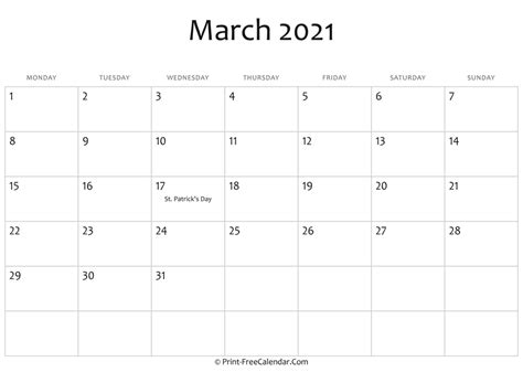 March 2021 Editable Calendar With Holidays