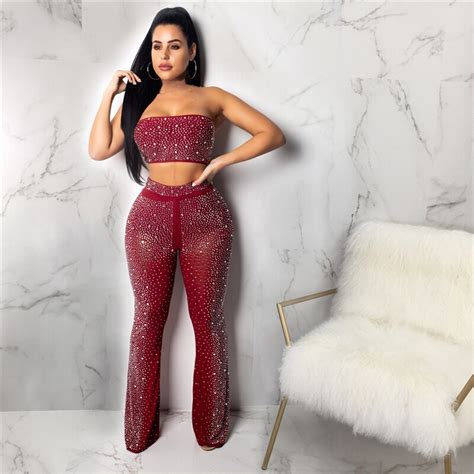 Sexy Nightclub 2 Piece Set Women Suits Sparkly Rhinestone Crop Top And Pants Set Elegant Outfits
