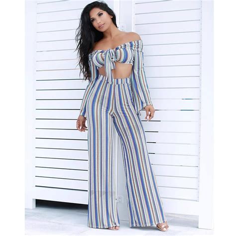 Women Two Piece Flare Pants Set 2019 Fashion Summer Streetwear Blue Striped Slash Neck Off