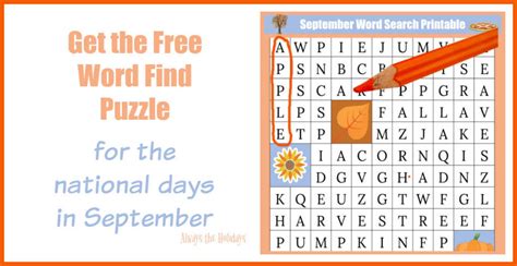 September Word Search Printable National Days Word Find Puzzle
