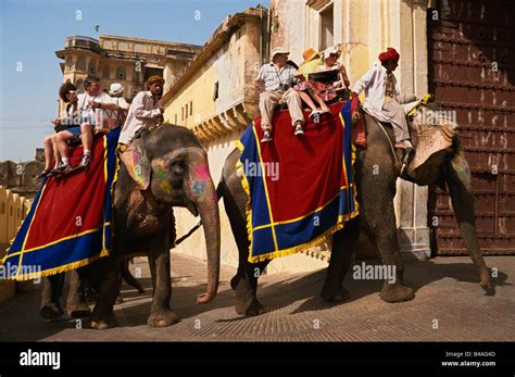 India Jaipur Amber Fort Elephant Rides Stock Photo Alamy