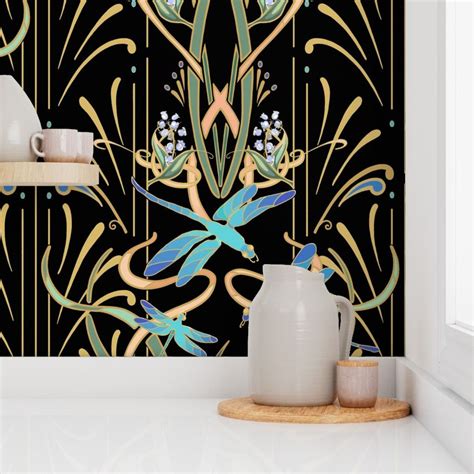 Art Nouveau Dragonflies Black Wallpaper Spoonflower
