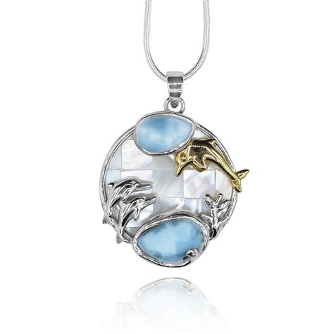 Dolphins Pendant Necklace With Two Larimar Stones And Mother Of Pearl