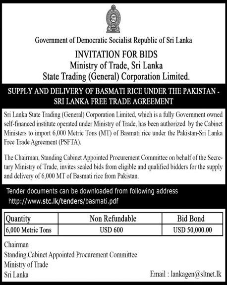 Tender Supply And Delivery Of Basmati Rice Under The Pakistan Sri