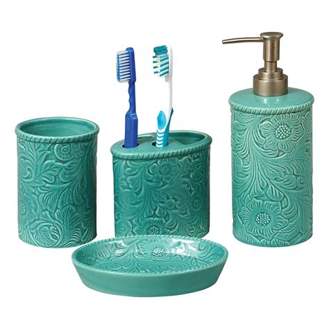 Turquoise Tooled Ceramic Bath Set 4 Pcs Turquoise Bathroom