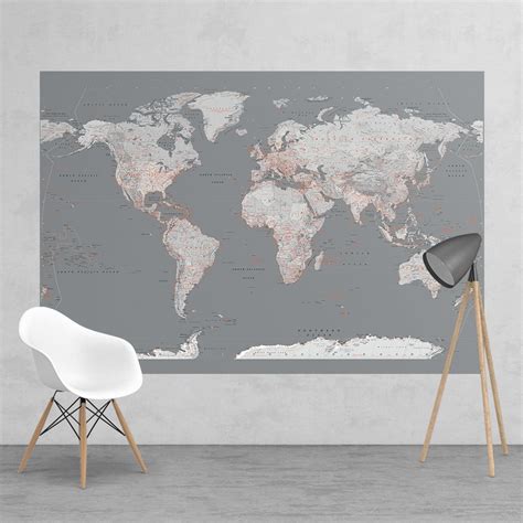 Silver Grey World Map Feature Wall Wallpaper Mural 158cm