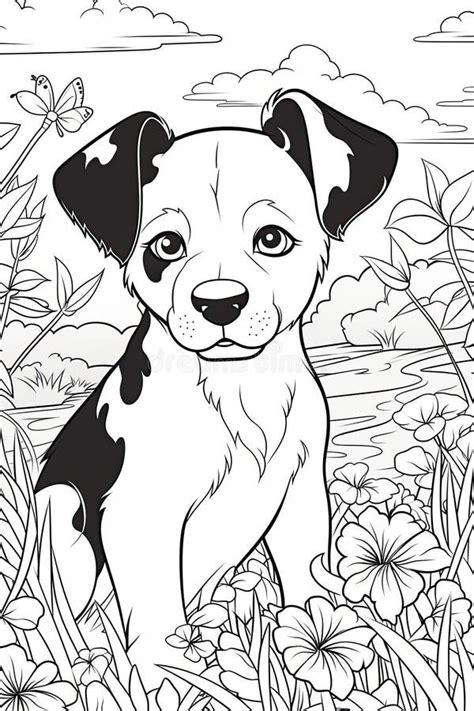 Coloring Page Outline Of Cartoon Cute Little Puppy Dog Illustration