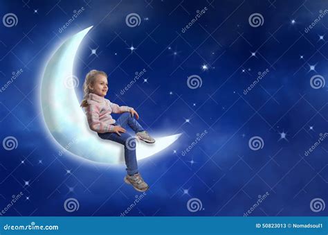 Little Girl Sits On The Moon Stock Image Image Of Dark Girl 50823013