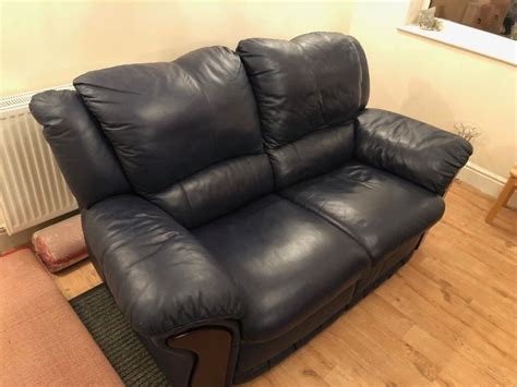 Used Dark Blue Leather 2 Seat Recliner Sofa Good Condition In