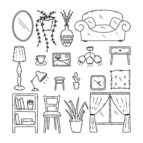 Set Doodle Illustration Furniture And Home Interior Items Hand Drawn