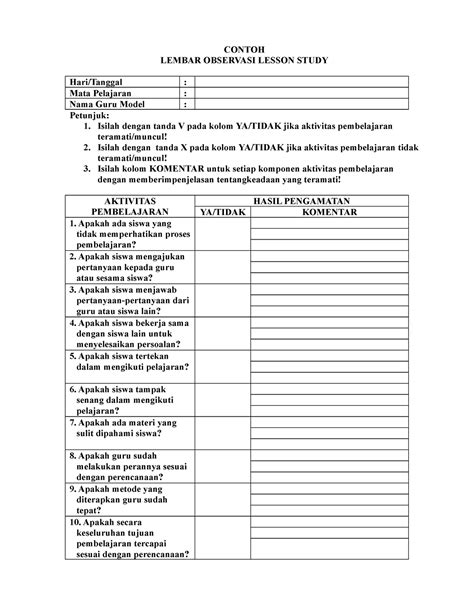 Format Lembar Observasi Lesson Study Contoh Lembar Observasi Lesson