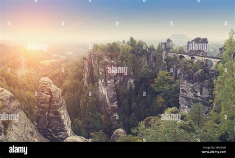 Bastei Rocks And Bastei Bridge In Saxon Switzerland National Park Stock