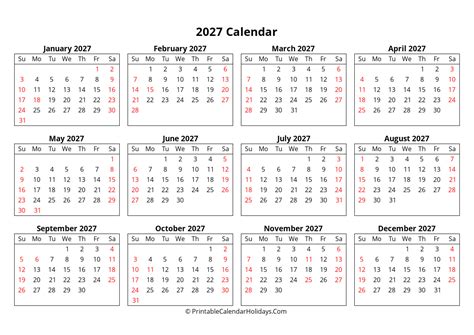 2027 Yearly Calendar Week Starts Sunday