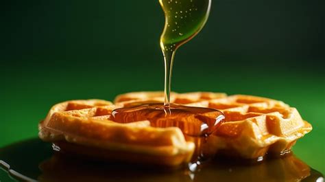 Premium AI Image Syrup Over One Waffle Against A Wooden Background Closeup Of Maple Syrup