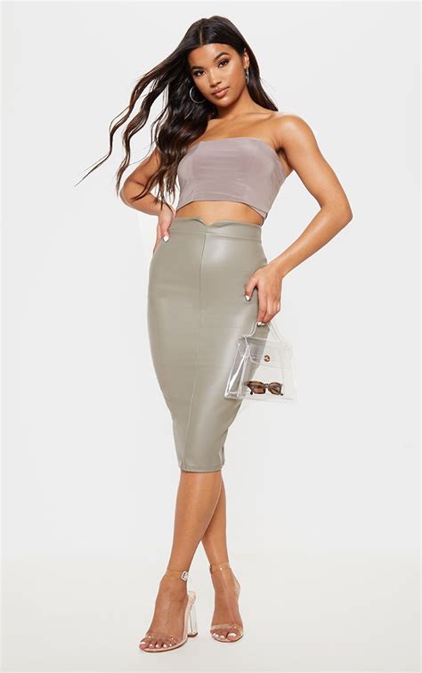 Eva Taupe Faux Leather Panel Midi Skirt Prettylittlething Ca