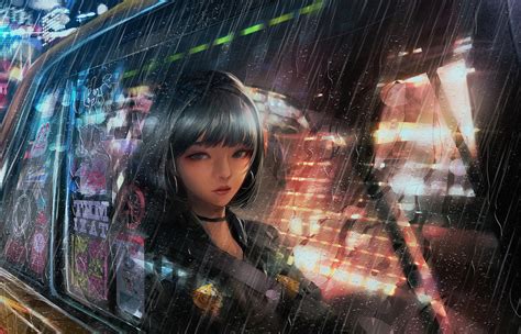 Wallpaper Short Black Hair Raining Anime Girl Semi Realistic