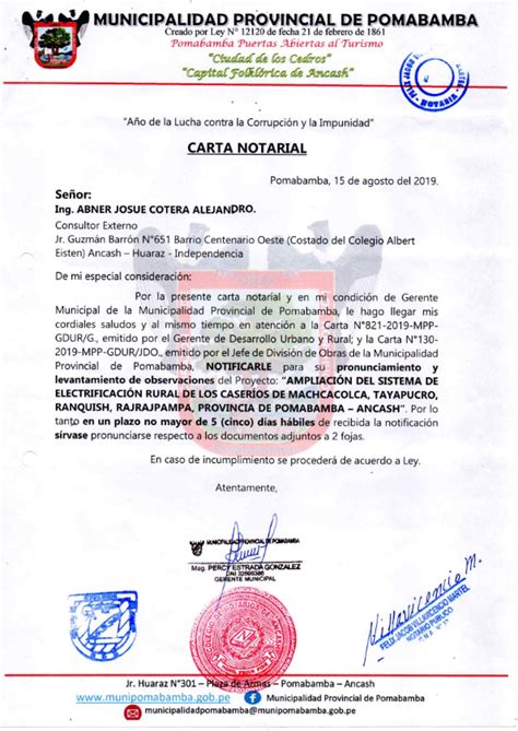 NotificaciÓn Mediante Carta Notarial Munipomabamba