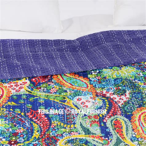 Queen Size Blue Multicolor Paisley Kantha Quilt Blanket Bedding