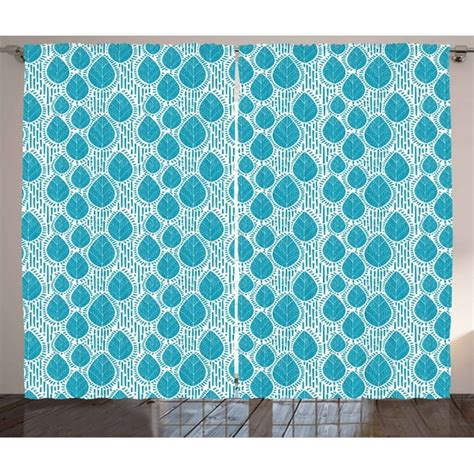 Blue And White Curtains 2 Panels Set Leaf Pattern With Stripes Grunge