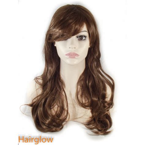 Hairglow Brown Side Fringe Long Wavy Human Hair Wig