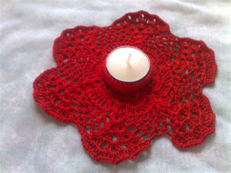 Red Crocheted Candle Holder For A Romantic Dinner