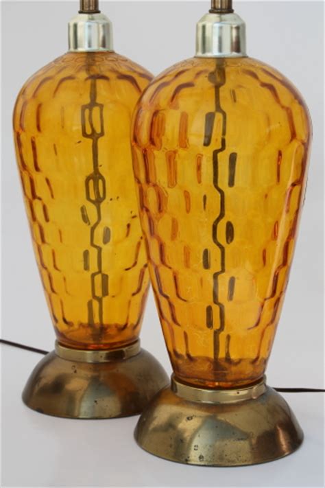 Stylecraft l315786 oldbury blue classic traditional 3 way lamp with cream textured drum lampshade for table or desk bedroom room light decor, 30 inch. Mid-century vintage tall glass lamps, 60s retro amber glass table lamp pair
