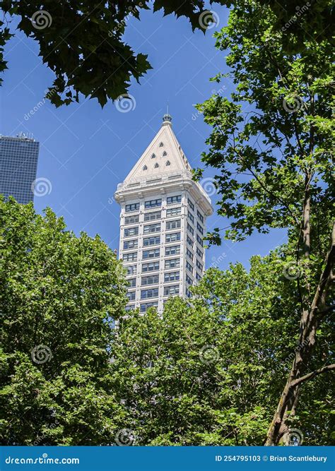 Smith Tower Rising Skyward Framed By Urban Trees Editorial Stock Photo