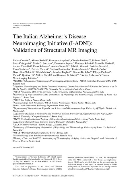 Pdf The Italian Alzheimers Disease Neuroimaging Initiative I Adni