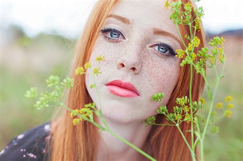 Freckles Nature Plants Blue Eyes Model Redhead Women