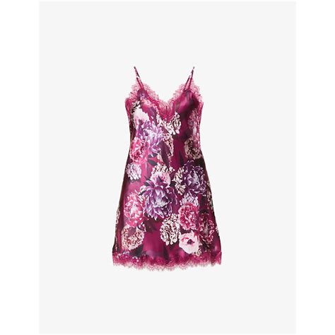 Sainted Sisters Scarlett Floral Print Lace Trimmed Silk Satin Chemise