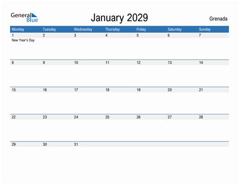 January 2029 Grenada Monthly Calendar With Holidays