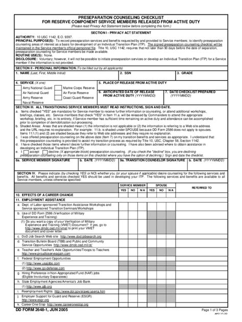 Fillable Online Dd Form 2648 1 Preseparation Counseling Checklist For